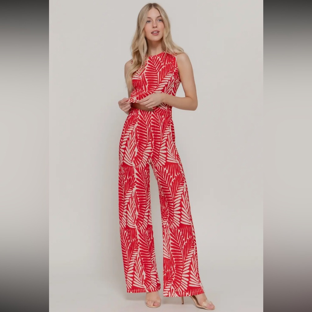 Red - Palm Printed Top and Pants Set